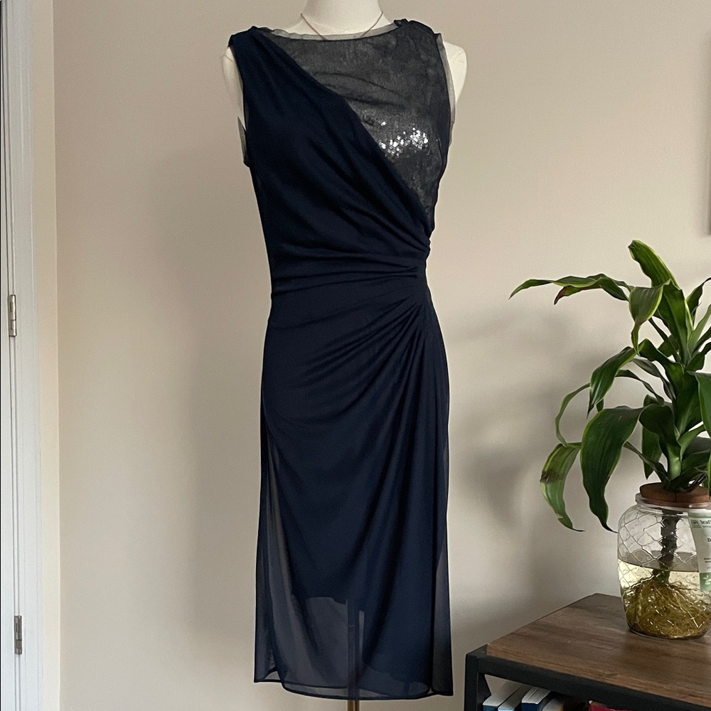 SOLD Adrianna Papell Navy Sequin Ruched Sheath Midi Evening Dress Round Neck